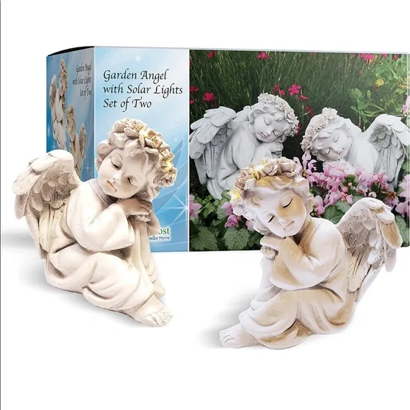 NEW Happy Compost Garden Angel Cherub Statue Figurines Solar Light Halo Set of 2 - Picture 2 of 9